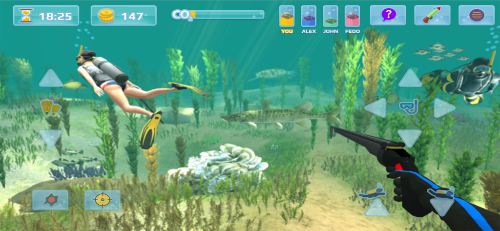 Hunter underwater spearfishing - A first-person view in a 3D underwater hunting game showing a diver aiming a harpoon at a fish near the seabed.