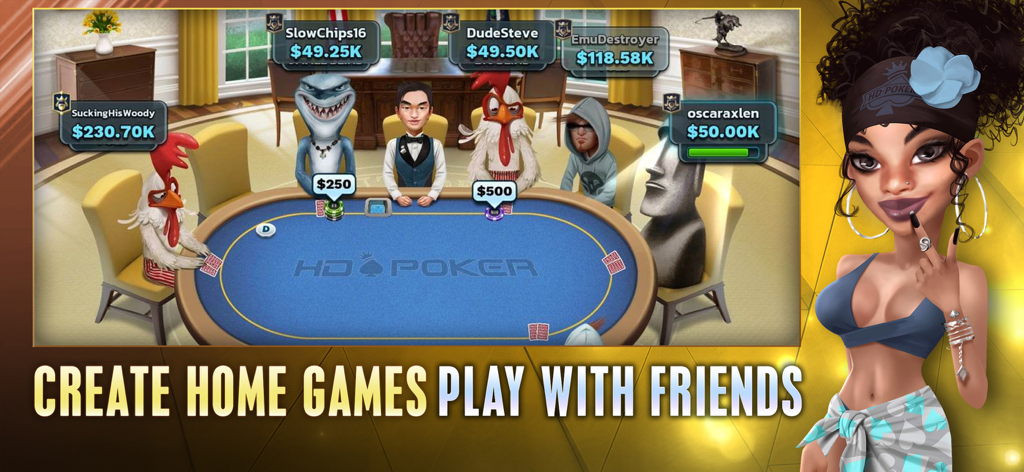 HD Poker: Texas Holdem - A Texas Holdem poker table with unique custom avatars and the text Create Home Games Play With Friends.