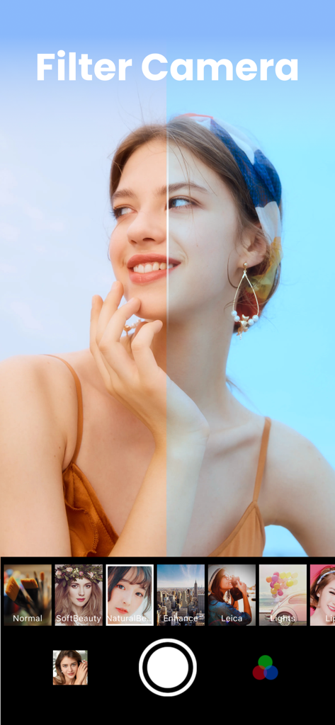 Filter Camera & Photo Editor - A split-screen preview of a selfie showing a warm filter effect compared to a natural look in the Filter Camera app.