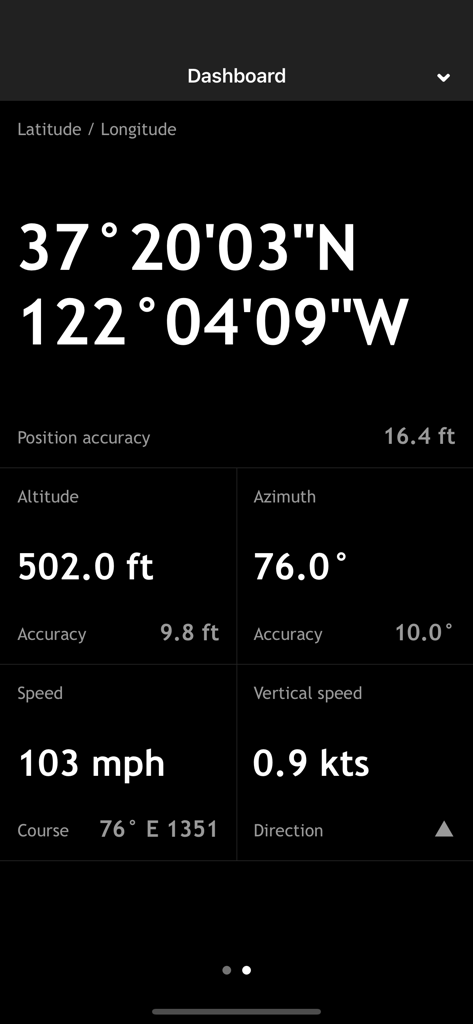 Dashboard of the Spyglass navigation app showing real-time GPS coordinates, altitude, speed and azimuth data on a dark tactical interface.