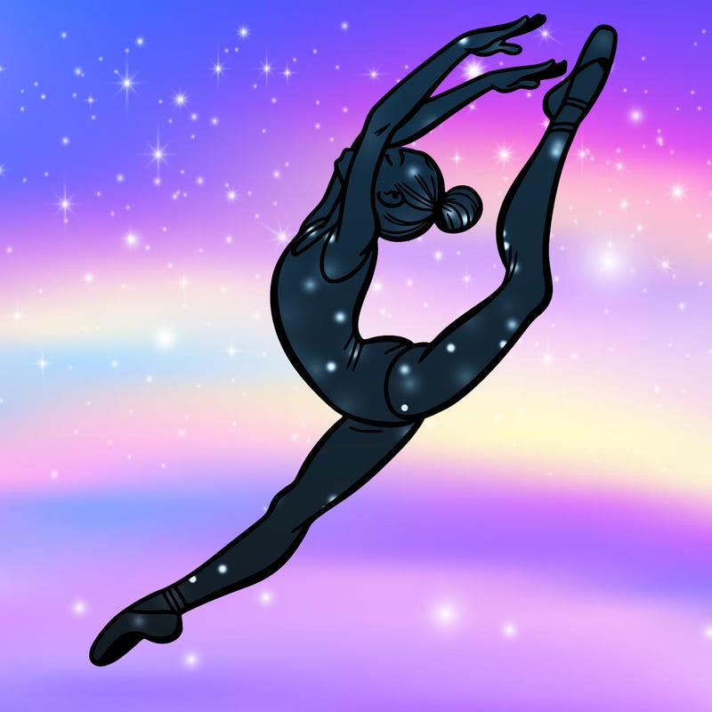gymnast doing a leap in a leotard with a bent back leg