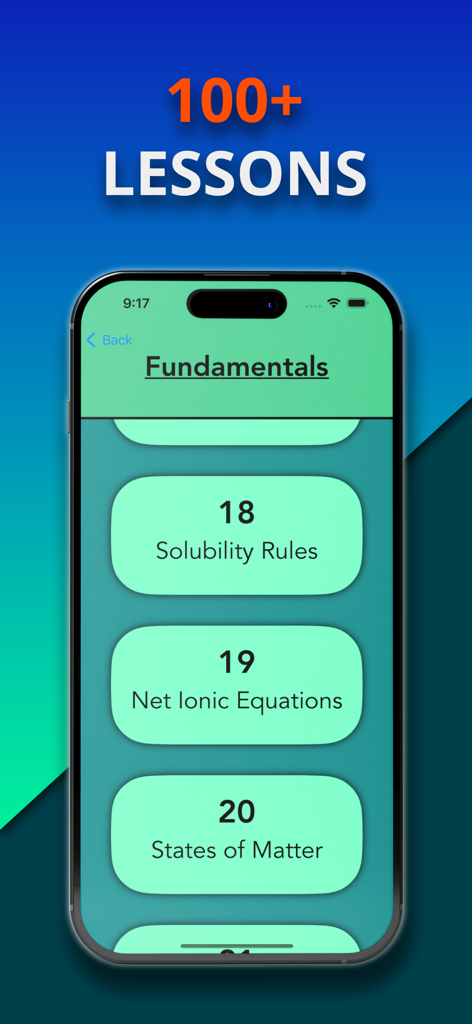 Chemistutor - Chemistutor app interface on iPhone displaying a list of AP Chemistry lessons including Solubility Rules and States of Matter