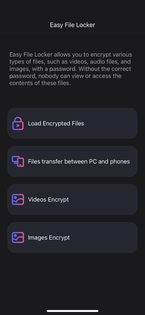 Easy File Locker - Easy File Lockerアプリのメインダッシュボード。動画と画像の暗号化オプションが表示されています。