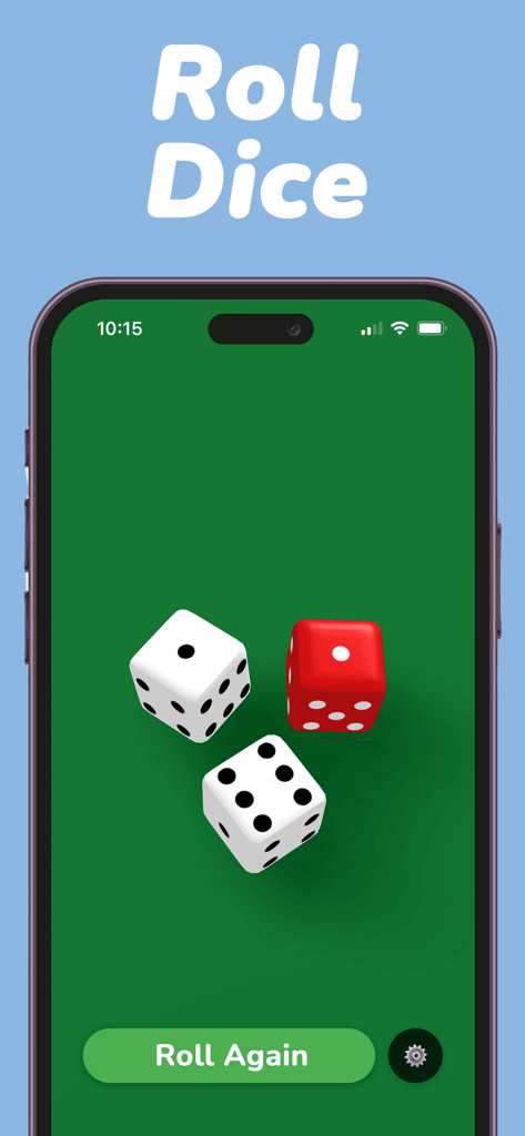 Mobile interface of the Dice Roller Simple app showing three dice on a green background