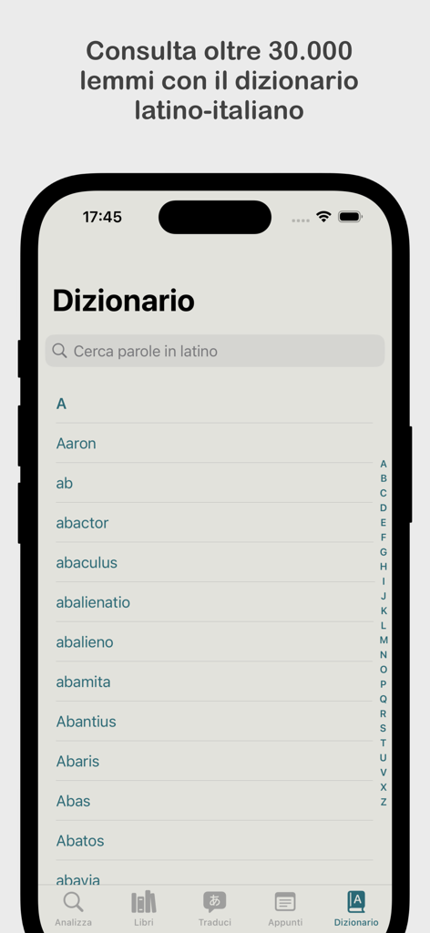 Latinorum - Latinorum app interface showing the Latin-Italian dictionary and search list