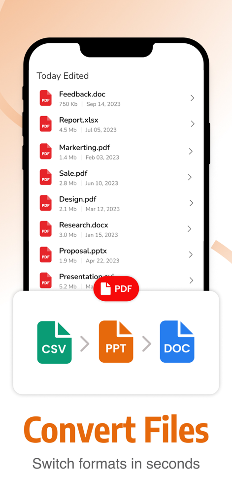 PDF Editor - Edit PDF & Sign - CSV、PPT、DOC形式間の切り替えオプションが表示されたファイル変換機能を示すモバイルアプリインターフェイス