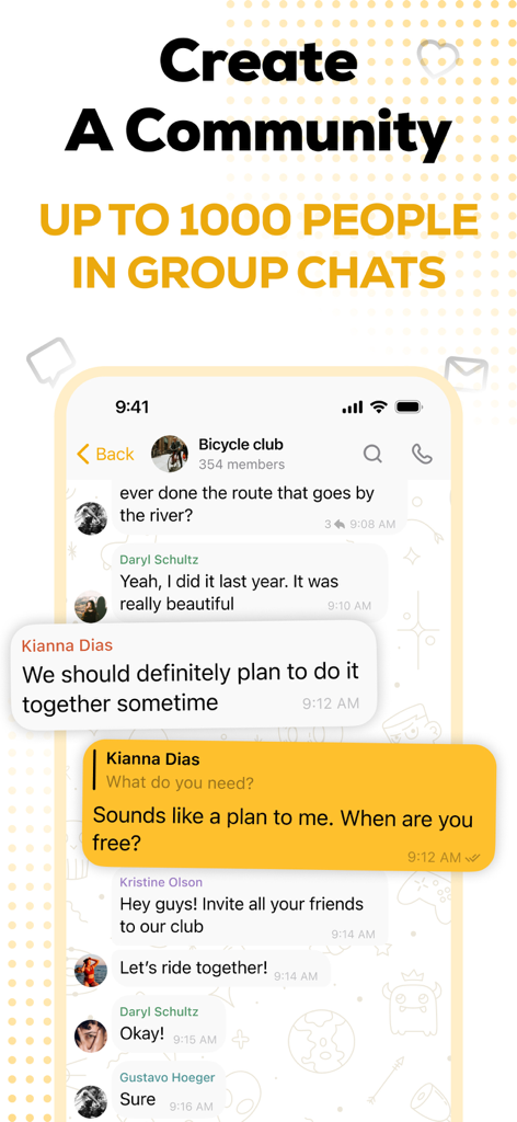 Interfaccia di chat di gruppo di Tawasal SuperApp che mostra una chat comunitaria per un club di ciclismo evidenziando il limite di 1000 persone.