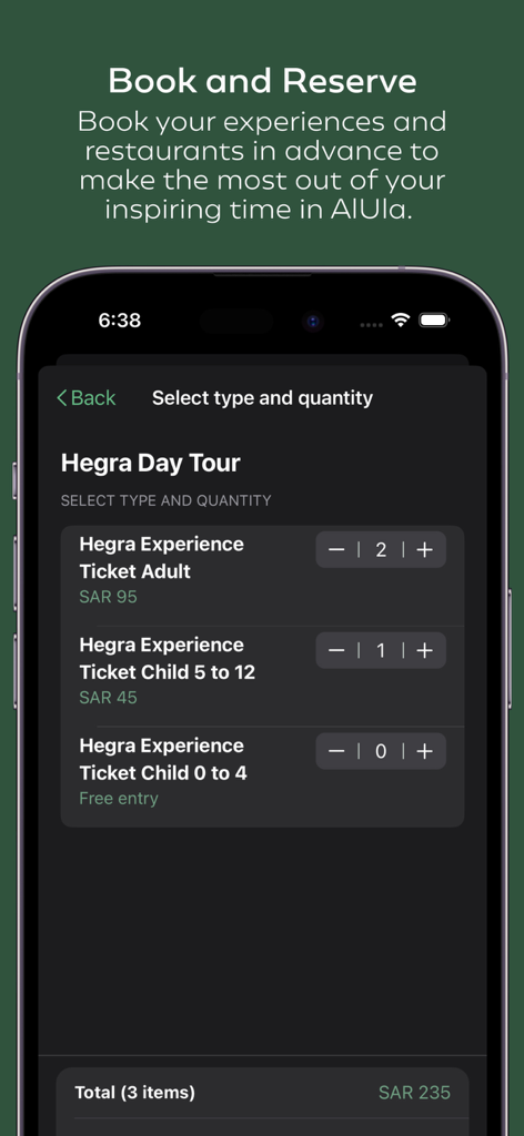 Experience AlUla - Booking screen for Hegra Day Tour tickets in the Experience AlUla app showing adult and child ticket options