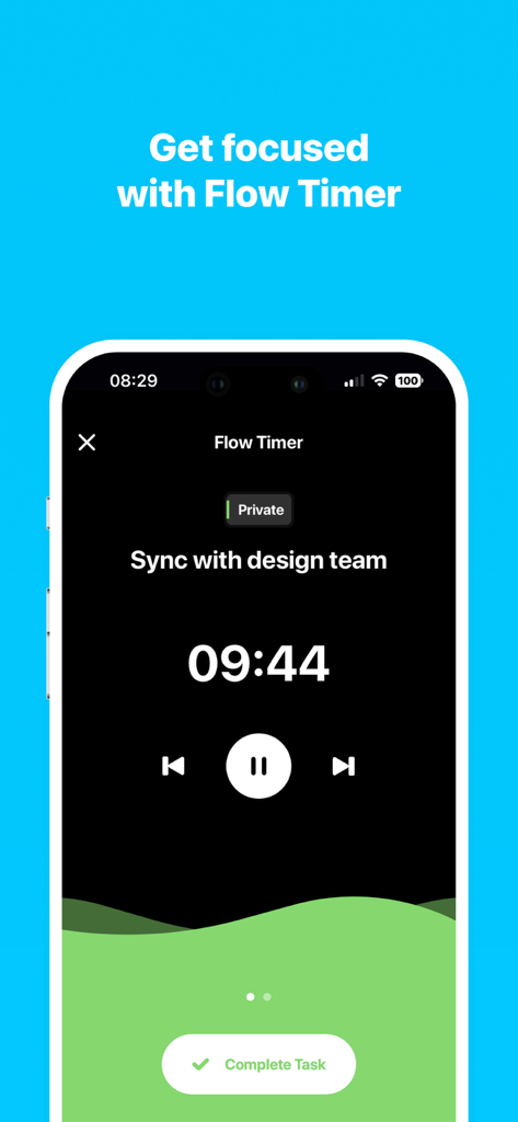 Done productivity app flow timer screen showing a countdown for a design team sync task