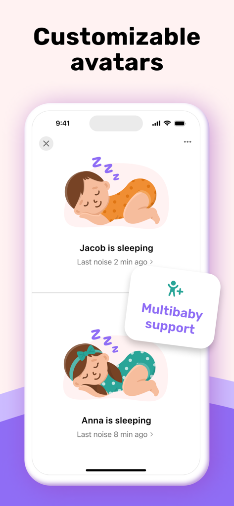 Bibino app interface showing multibaby support with customizable avatars for two sleeping babies.