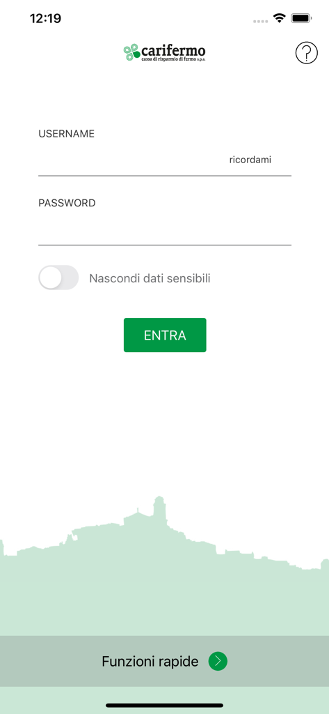 Carifermo Mobile - The login page of the Carifermo Mobile banking application showing fields for username and password.