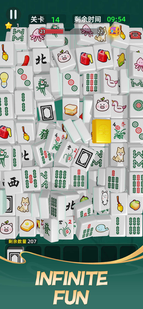 Mahjong Charm : Tiles Puzzle - Gameplay screen of Mahjong Charm showing a stack of various themed tiles for matching