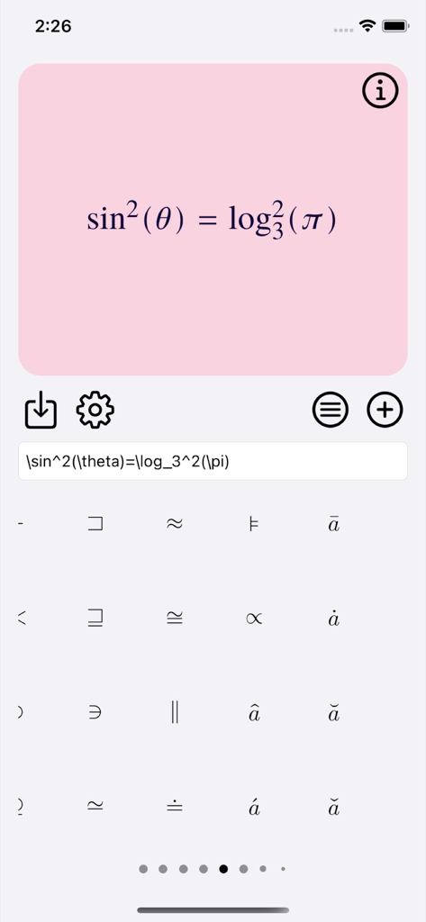 Interface of the Latex Equation Editor app showing a rendered math formula and a library of mathematical symbols.