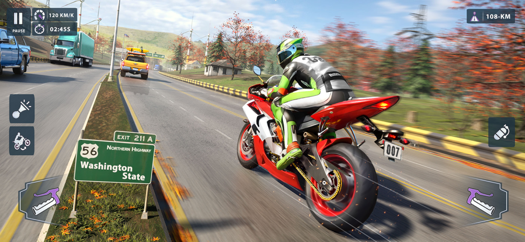 Moto World Tour: Bike Racing - A motorcycle racer on a red and white sportbike driving past a Washington State highway sign in Moto World Tour