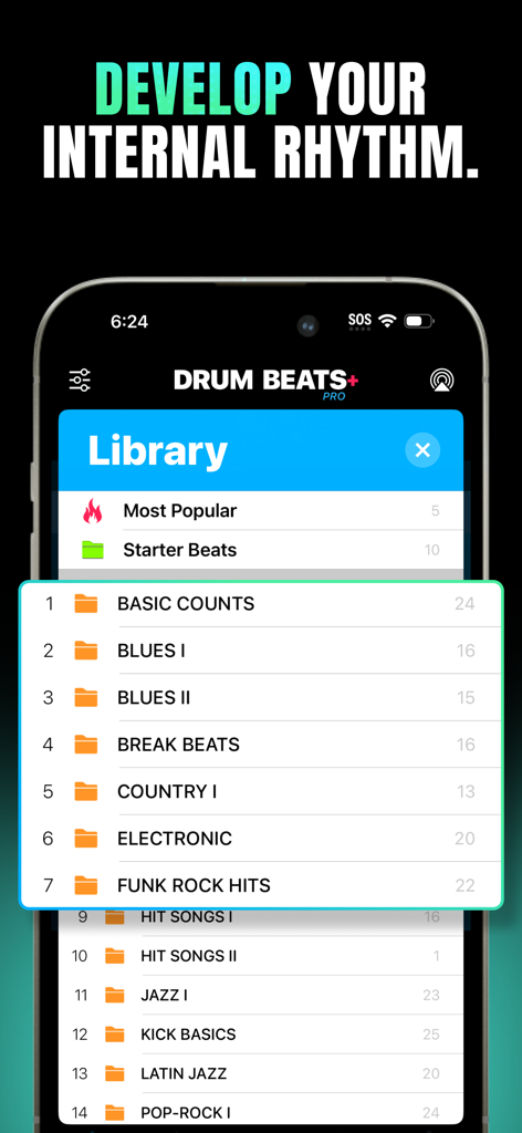 Pantalla de la biblioteca de la aplicación Drum Beats Plus con bucles de batería de varios géneros musicales