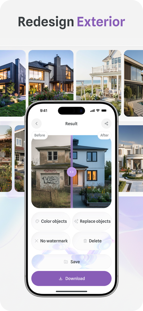 AI Home Design - ReRoomy - Mobile App-Oberfläche, die eine Hausfassade vor und nach der KI-Neugestaltung zeigt