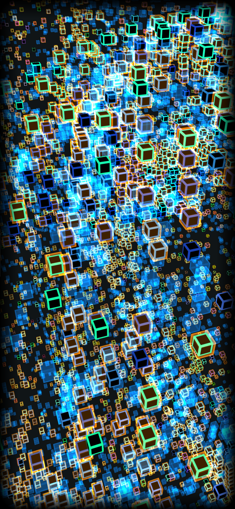 Una complessa visualizzazione 3D di cubi luminosi multicolore che rappresentano il comportamento emergente in una simulazione di automi cellulari.