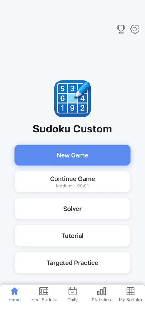 Sudoku Custom: Solve & Learn - Menu principal de l'application Sudoku Custom montrant les options pour les nouveaux jeux, les solveurs et les tutoriels
