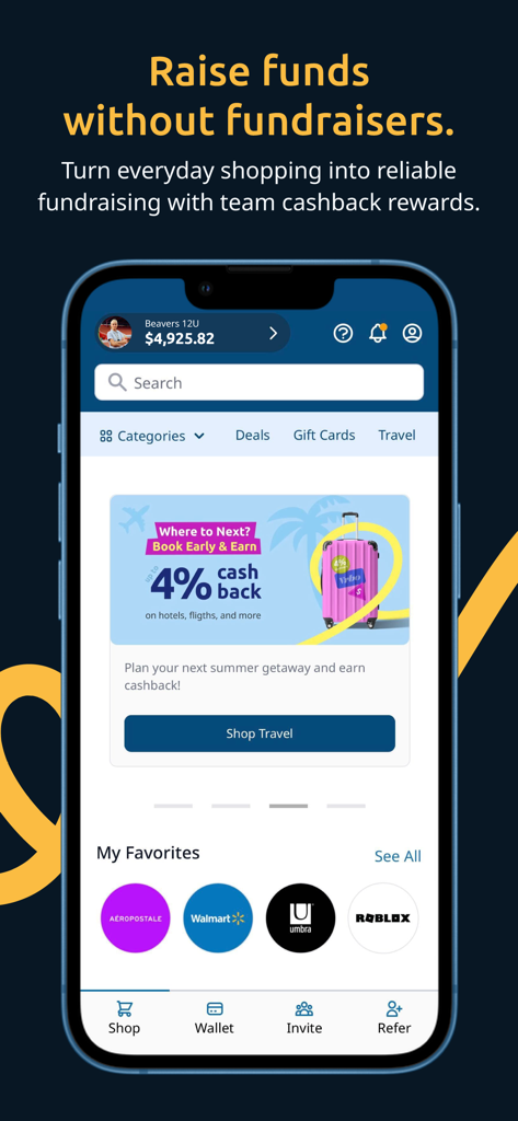 FlipGive Shop app interface showing sports team fundraising balance and cashback shopping rewards