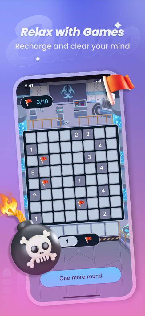 Eunoo - Eunoo app interface showing a relaxing Minesweeper game to clear your mind