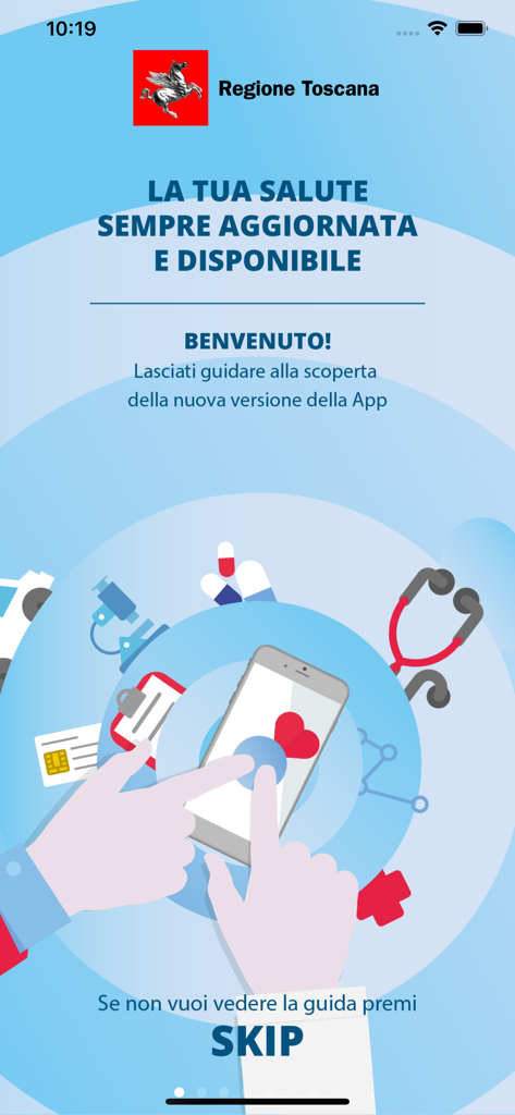 Onboarding welcome screen for the Toscana Salute mobile app with medical icons and a smartphone illustration