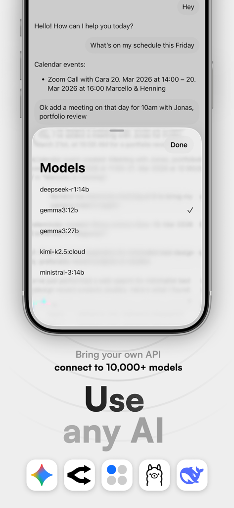 Eron - Interface de l'application Eron montrant une liste de modèles d'IA à choisir pour une conversation