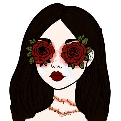 a realistic girl with roses for eyes