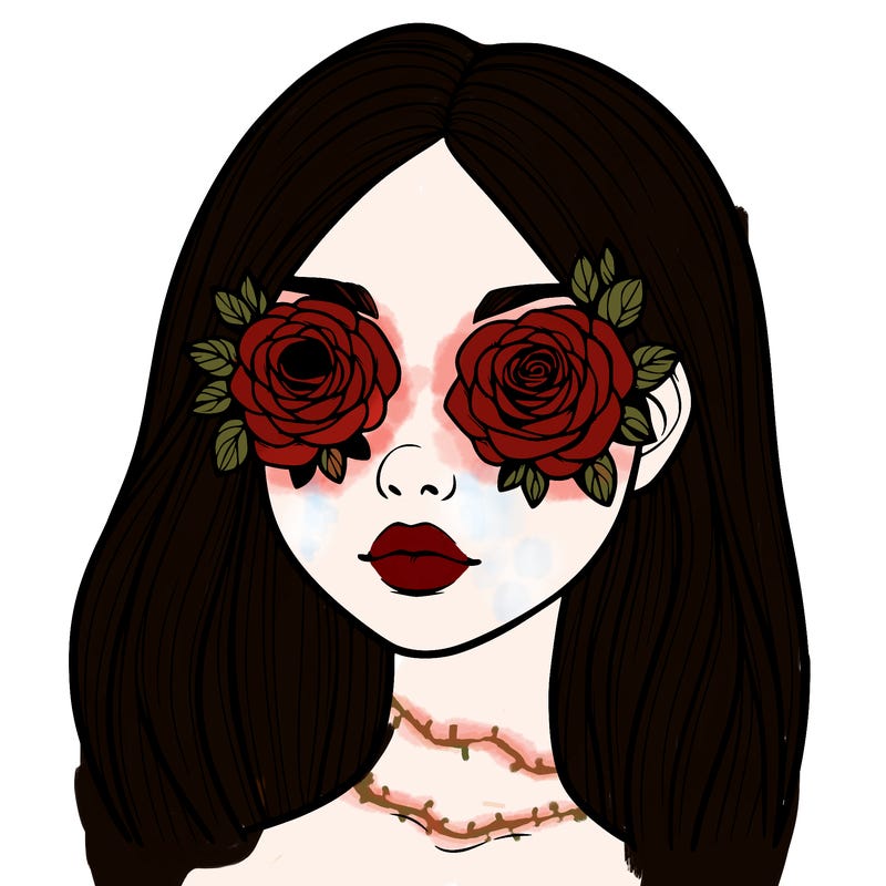 a realistic girl with roses for eyes