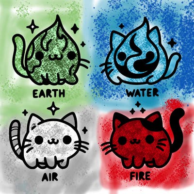 4 cats that represent the different elements, earth, water, air, and fire