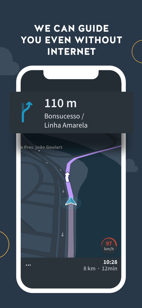 GPS Brasil: Offline navigation - Tela de smartphone mostrando navegação GPS Brasil com mapas offline e direções de rota