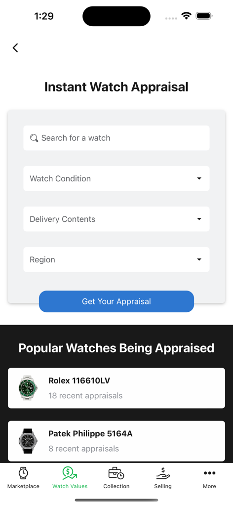 WatchCharts app screen for instant watch appraisal with search filters and popular luxury watch models