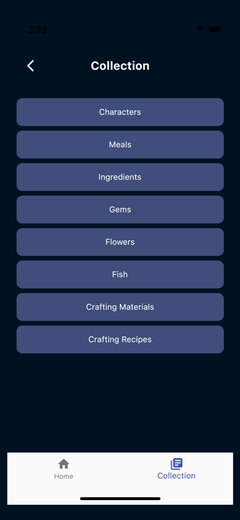 DLVGuide for Dreamlight - Collection screen in the DLVGuide app listing categories like characters meals and crafting recipes