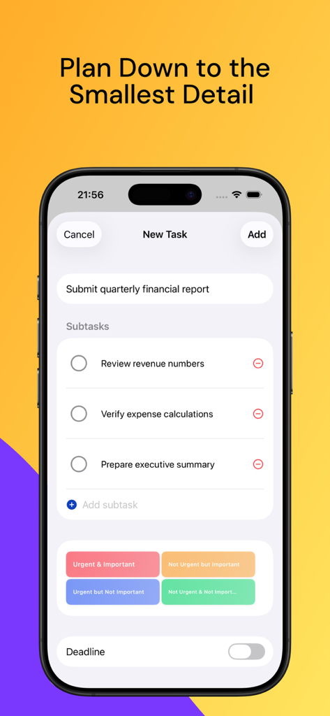 TaskSteps: To Do List & Focus - Interface of TaskSteps app for adding a new task with subtasks and priority quadrants.
