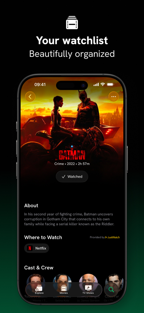 B.Roll – Movies & TV Tracker - B.Rollアプリインターフェース。映画「ザ・バットマン」の詳細が表示され、キャストとストリーミング情報が含まれています。
