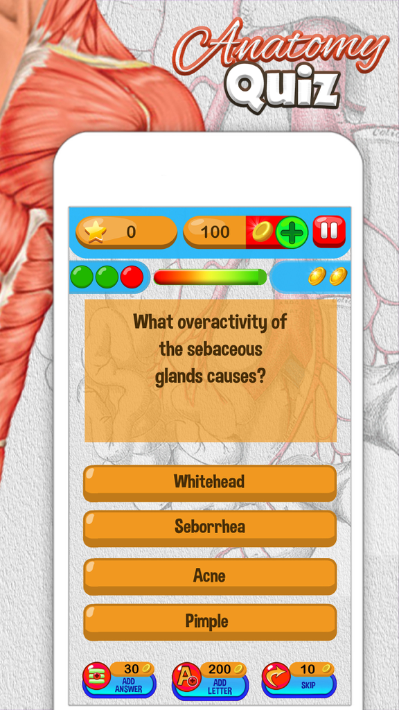 Interface do aplicativo móvel mostrando uma pergunta de múltipla escolha sobre glândulas sebáceas no Quiz de Anatomia
