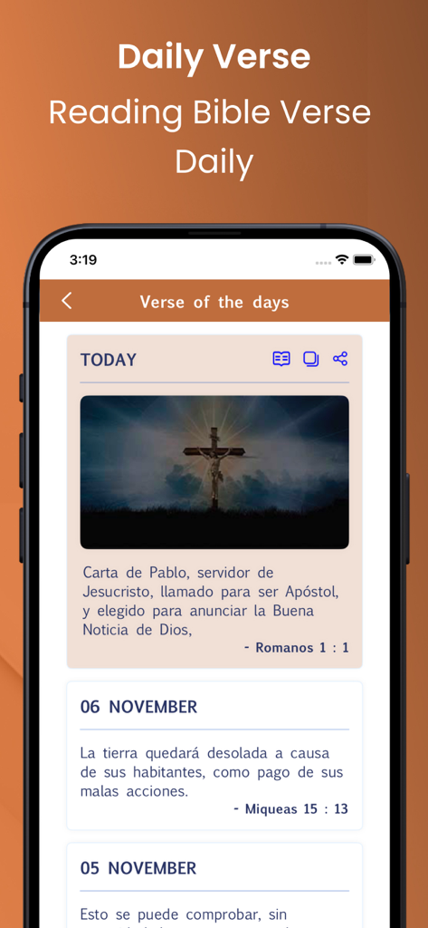 La Santa Biblia Católica. - Daily Bible verse interface in the La Santa Biblia Catolica app showing a verse from Romans and a crucifix image.