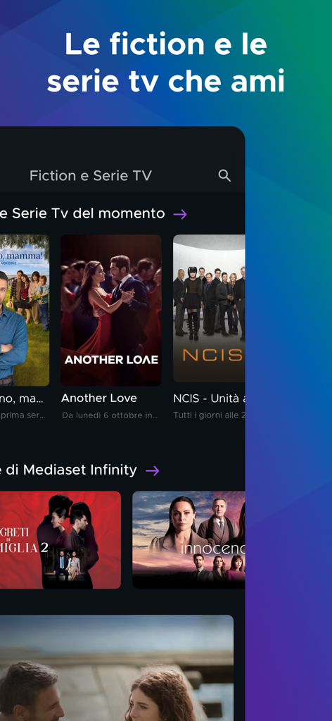 Interface of the Mediaset Infinity app displaying a variety of TV series and dramas available for streaming.