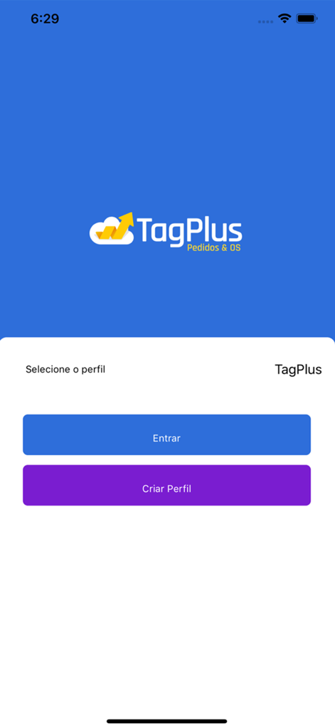 TagPlus Pedidos and OS login screen with buttons to enter or create a profile