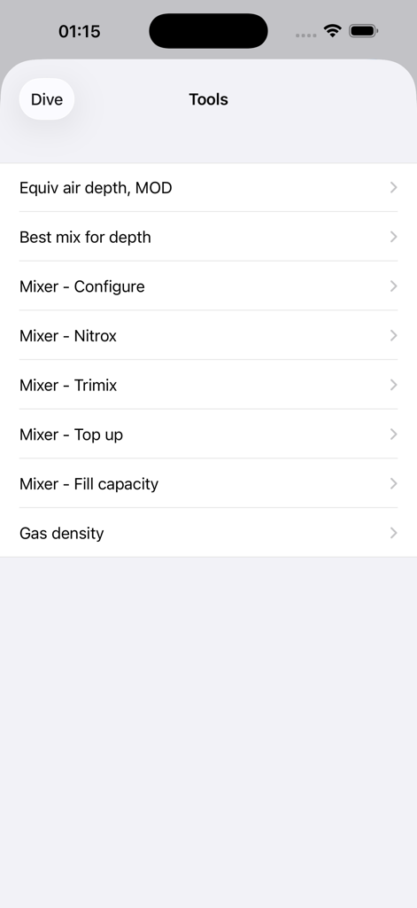 MultiDeco - A list of technical diving utility tools in the MultiDeco app including gas mixers and depth calculators
