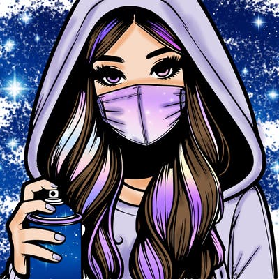 girl wearing a mask with long hair with her hood up spray-painting realistic