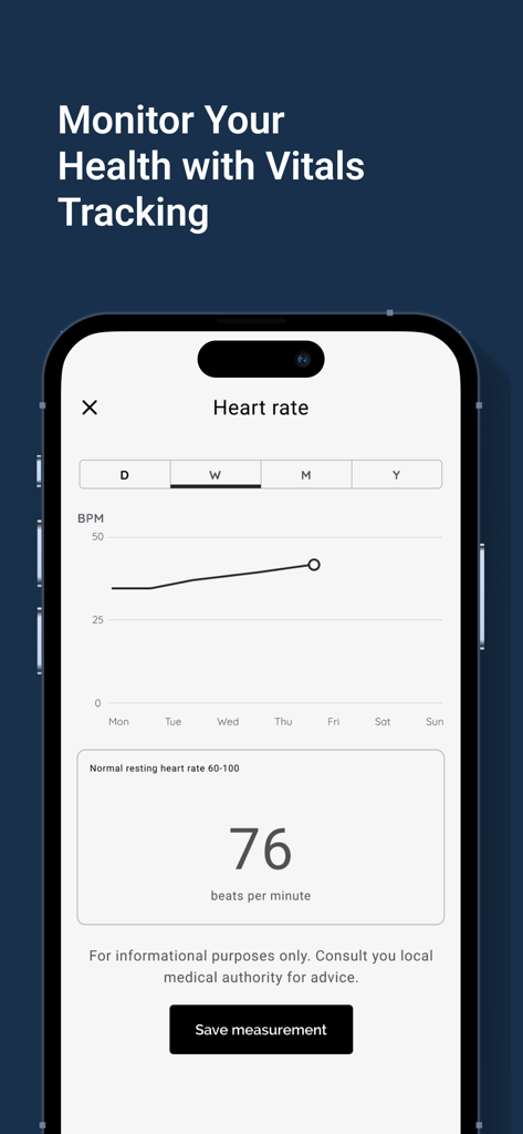 Medecin A Domicile (MAD) - Interface do monitor de frequência cardíaca no aplicativo Medecin A Domicile mostrando uma medição de BPM e um gráfico de saúde histórico.