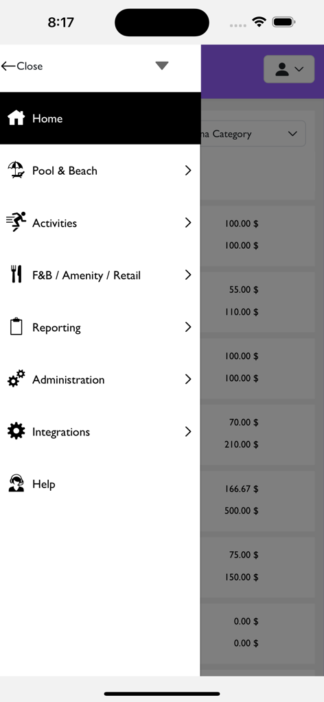 Side navigation menu of the RealTime Reservation Manager app displaying categories like Pool and Beach, Activities, and Reporting