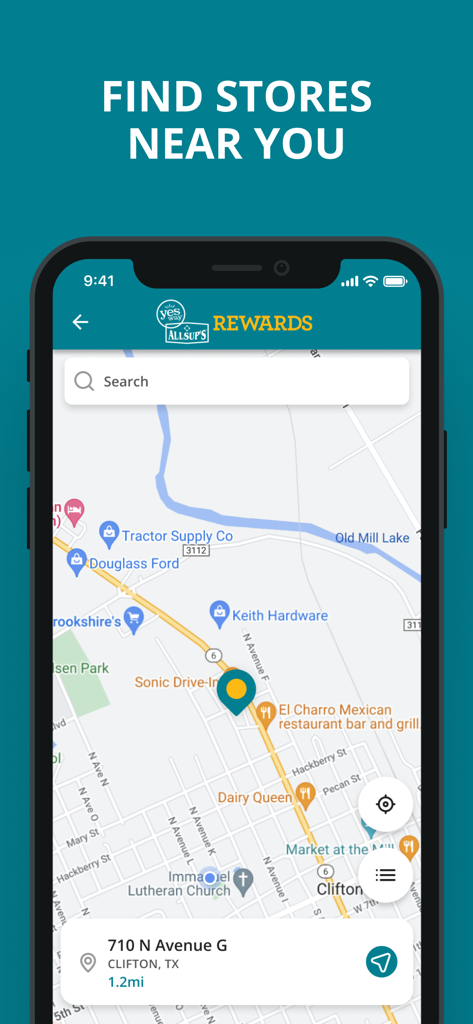 Yesway & Allsup’s Rewards - A mobile phone screen showing the Yesway and Allsups app map to find nearby store locations