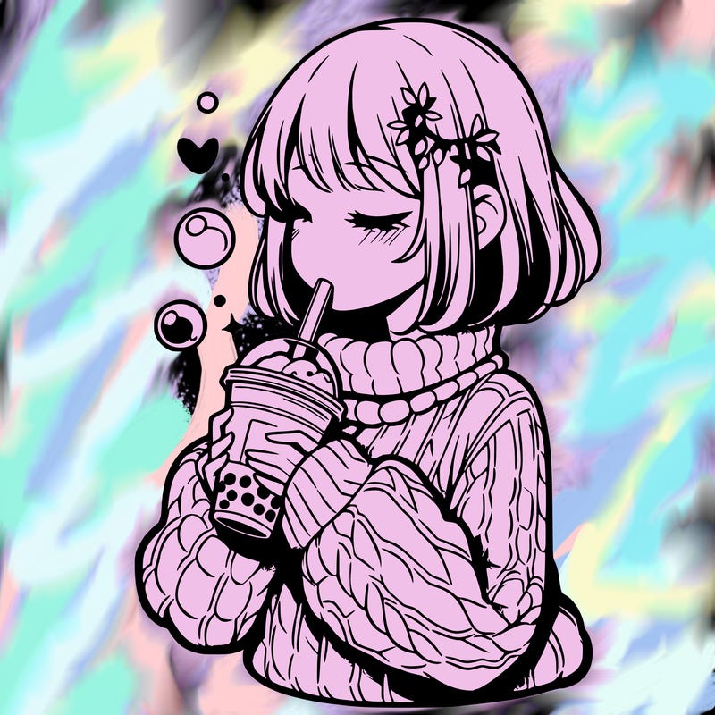 manga girl drinking boba in cozy sweater