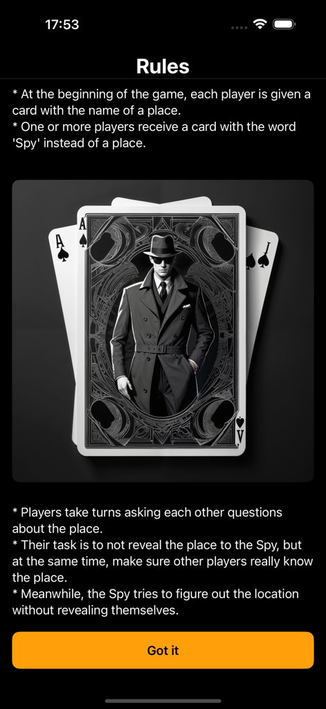 Tela de regras do Undercover The Party Game mostrando instruções de como jogar e uma ilustração de cartão de espião