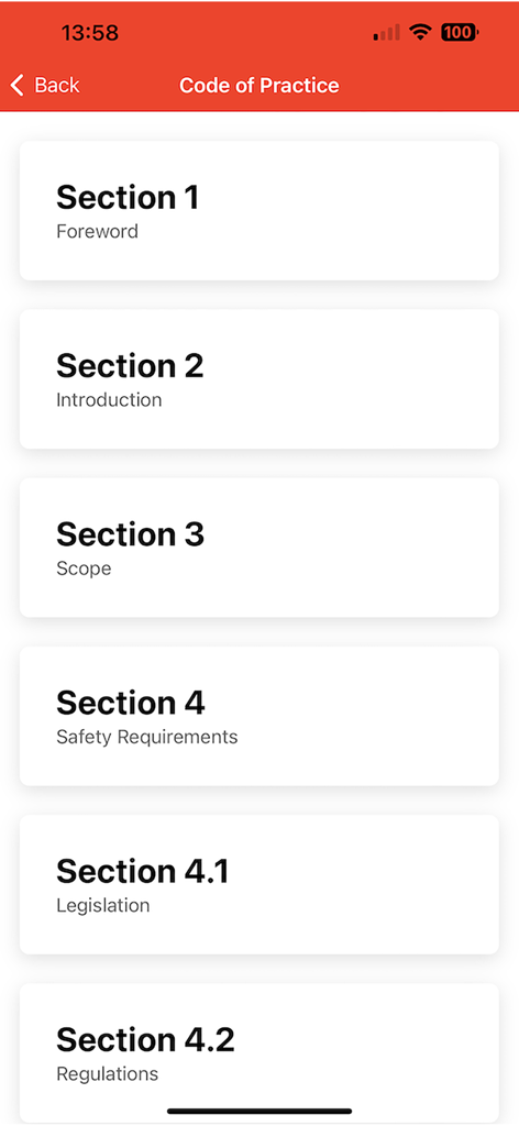 PASMA - PASMA app screen displaying the Code of Practice menu with sections for safety requirements and legislation