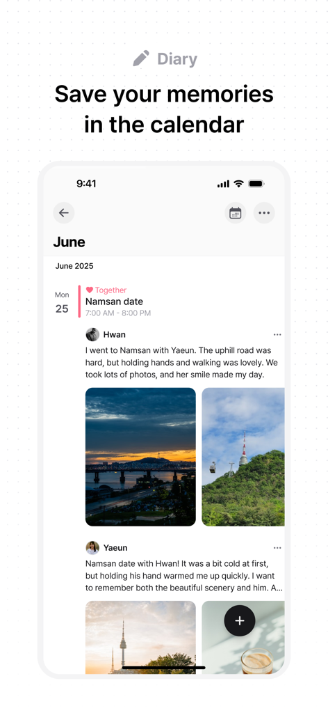 A shared diary interface in the Lubble app showing date memories with photos and personal notes from a couple.