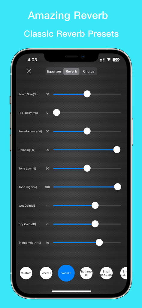 EZAudioCut app interface showing adjustable reverb sliders and classic presets like vocal and bathroom effects