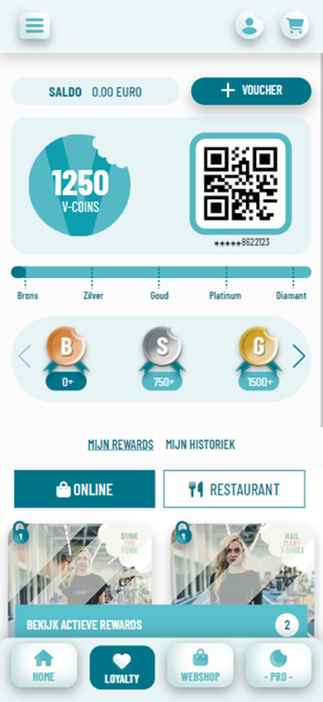 Foodmaker - The loyalty rewards screen of the Foodmaker app showing V-coins balance and reward tiers