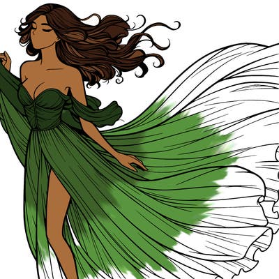 realistic woman in dress flowing the the wind